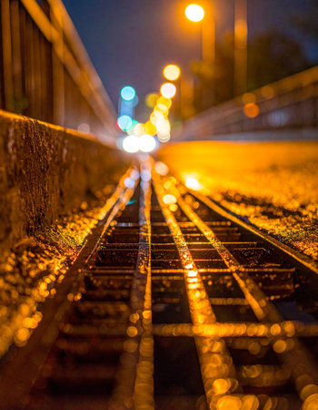 From a low-angle perspective, a wet storm drain grate reflects the warm glow of city streetlights and distant traffic.の素材