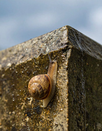 With quiet determination, a small garden snail makes its slow ascent up the weathered corner of a stone post.の素材