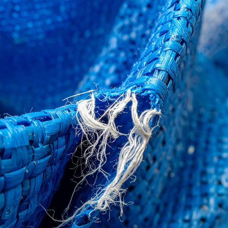 A macro detail shot of a torn blue woven synthetic material. The frayed white threads are exposed at a seam, symbolizing stress, a breaking point, vulnerability, and industrial decay.の素材