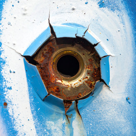 A powerful macro shot captures the aftermath of an impact on a blue painted metal surface. The paint cracks and peels away, revealing a deep, rusted hole that tells a story of force and decay.の素材
