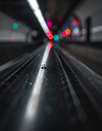 A low-angle perspective captures a streak of light racing along a metallic rail deep within a dark, urban tunnel.の素材