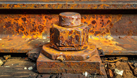 A macro shot captures the intricate texture of a heavily rusted bolt and nut, firmly securing a steel rail to a weathered wooden sleeper.の素材