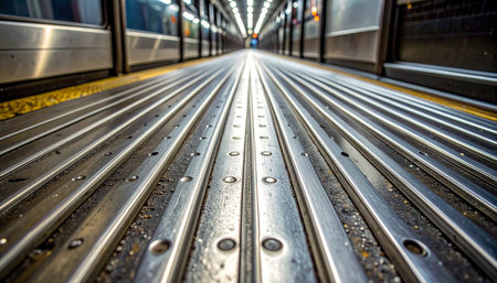 A low-angle perspective captures the sleek, metallic lines of a modern subway platform, creating a powerful sense of forward momentum.の素材