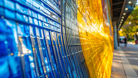 A dynamic, side-angle view of a modern mosaic wall, where cool blue textured tiles transition into a burst of warm, sunlit gold.の素材