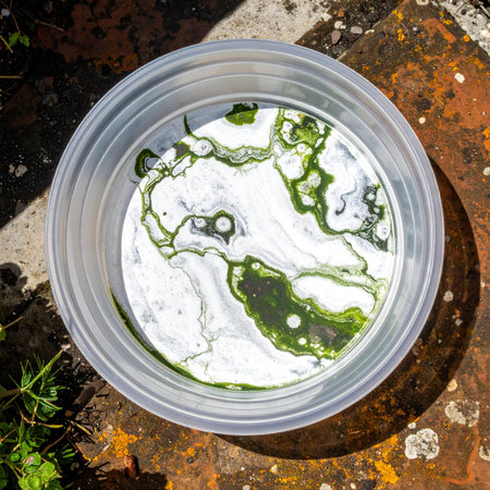A captivating top-down view of a chemical reaction or artistic experiment, where vibrant green ink swirls through a white liquid base.の素材