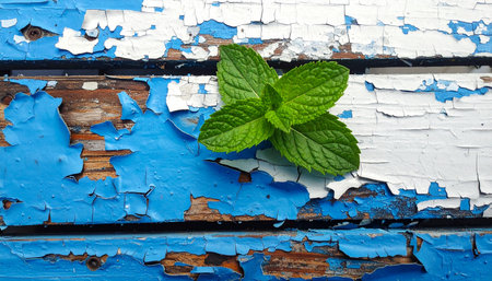 A vibrant sprig of fresh mint offers a striking contrast against a backdrop of old, weathered wood with layers of peeling blue and white paint.の素材
