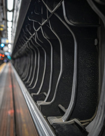 A low-angle, selective focus view captures the rhythmic, metallic lines of a subway car waiting at the station.の素材