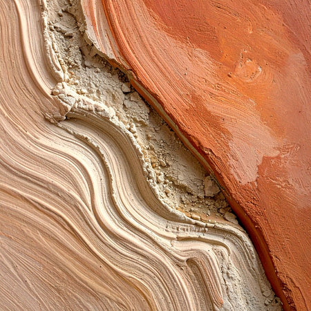 A macro view reveals the intricate story of time etched into the earth. Wavy layers of sandstone in soft beige tones contrast with a rich, orange mineral deposit, separated by a raw, crumbly crevice.の素材