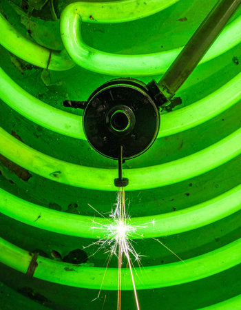 A brilliant burst of sparks erupts as a precision instrument makes contact, symbolizing a moment of ignition, discovery, or the powerful start of a new idea.の素材