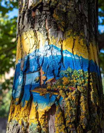 A surprising discovery in the forest: a detailed miniature landscape painting adorns the textured bark of a tree.の素材