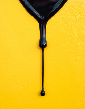 A single, thick drop of black, viscous liquid slowly makes its way down a vibrant yellow wall.の素材