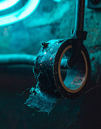 In the depths of a futuristic facility, a pipe drips an unknown substance under the cold, electric hum of a neon light.の素材