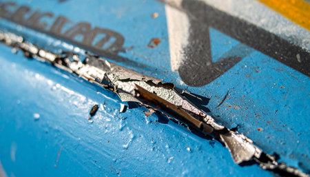 A macro photograph capturing the detailed texture of a weathered and peeling sealant on a blue painted surface.の素材