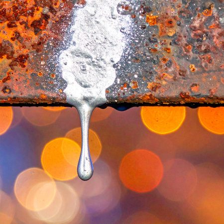A close-up shot captures the moment a powerful industrial sealant is applied to a heavily corroded steel beam, stopping a leak.の素材