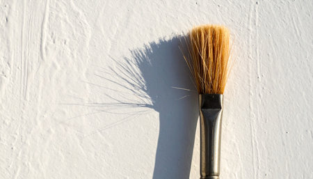 An artist's brush rests on a freshly prepared, textured white canvas, bathed in the bright morning sun.の素材