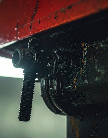 A close-up view reveals the grimy, grease-covered screw jack of a heavy machine, a testament to industrial strength and the essential work of maintenance and repair.の素材