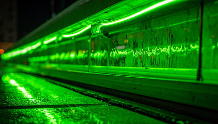 In a state-of-the-art laboratory, a photobioreactor glows with an intense green light, cultivating microalgae for sustainable biofuel production.の素材