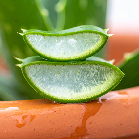 A close-up macro shot captures the glistening, translucent gel of a freshly sliced aloe vera leaf.の素材