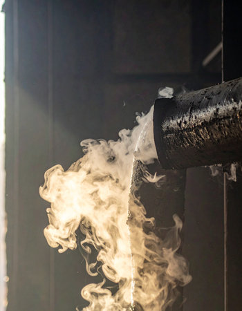 Golden sunlight catches a thick plume of smoke as it billows from a dark industrial pipe.の素材