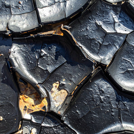 A macro view captures the intricate mosaic of a cracked and peeling black surface.の素材
