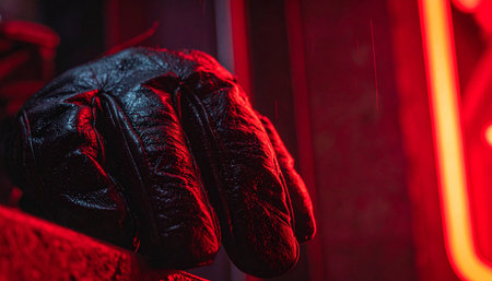 A close-up of a gloved hand resting in the cockpit of a futuristic vehicle, illuminated by the ominous red glow of the dashboard.の素材