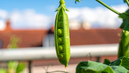 A vibrant green pea pod hangs open on the vine, revealing the fresh peas inside.の素材