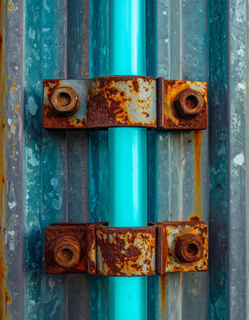 A striking visual contrast where old meets new. A heavily rusted metal clamp, showing its age with deep corrosion, firmly grips a smooth, vibrant blue pipe.の素材