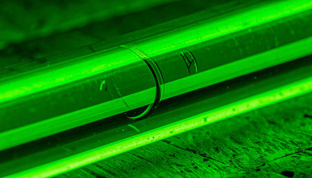 A macro view of glowing green fluorescent lights creates a powerful and energetic abstract background.の素材