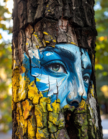 A pair of watchful eyes painted in vibrant blue and yellow peer out from the rough bark of a tree.の素材