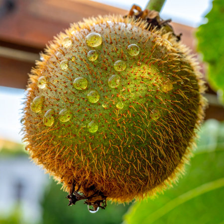 A close-up shot captures a perfectly ripe kiwi fruit, still on the vine, glistening with fresh morning dew.の素材