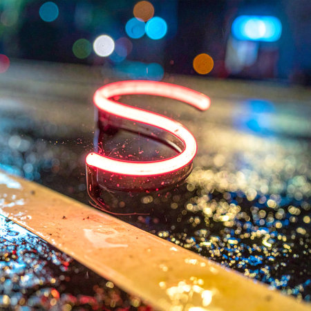 A single, luminous red neon letter 'S' rests on a rain-slicked street after dark.の素材