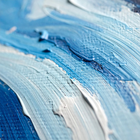 A macro view captures the energetic movement and thick texture of oil paint on canvas.の素材