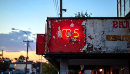 As twilight settles over the city, a lone neon sign flickers to life on a weathered, forgotten storefront.の素材