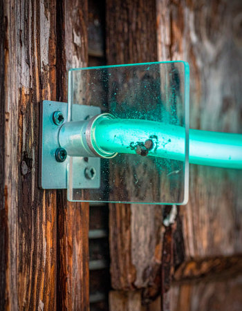 A vibrant cyan light cuts through the rustic charm of an old wooden wall, creating a striking juxtaposition of old and new.の素材