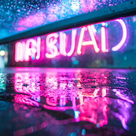 A vibrant pink neon sign casts a luminous glow on the rain-slicked city pavement.の素材
