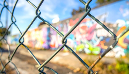 A sharp focus on a chain-link fence creates a barrier to the vibrant, colorful world of street art blurred in the background.の素材
