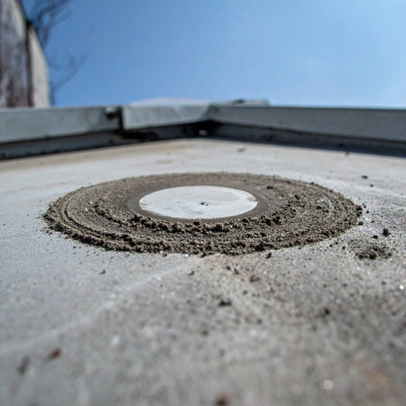 A low-angle, macro perspective of a weathered industrial rooftop.の素材