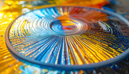 A macro view captures the intricate patterns of a glass disc, where vibrant waves of blue and gold light converge.の素材