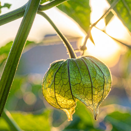 The warm, golden light of a setting sun filters through the delicate, papery husk of a green physalis fruit, illuminating its intricate veins.の素材