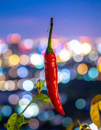 A single, fiery red chili pepper hangs in the foreground, its vibrant color a stark contrast to the cool, sparkling bokeh of city lights at dusk.の素材