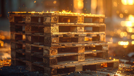 In the heart of a bustling factory, a stack of wooden pallets stands ready for the next shipment.の素材