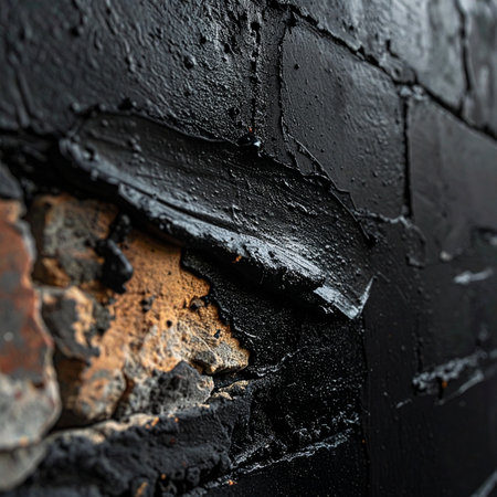 Layers of thick black paint coat an old brick wall, cracking and peeling in places to reveal the weathered history beneath.の素材