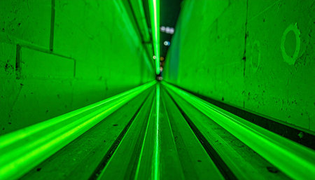 A low-angle perspective shot down a dark corridor illuminated by intense green laser beams.の素材