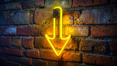 A bright yellow neon arrow points downwards against a dark, weathered brick wall.の素材