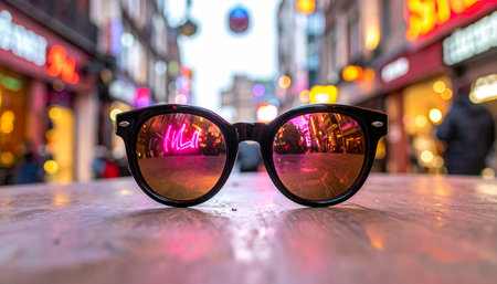 A pair of cool sunglasses rests on a table, capturing the vibrant, electric energy of the city at night.の素材