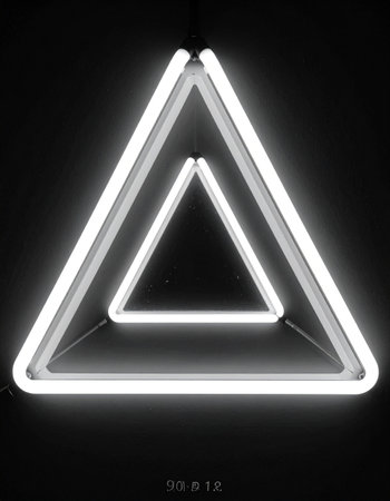 A brilliant white neon triangle creates an infinite tunnel of light against a stark black background.の素材