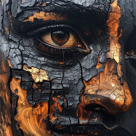 A powerful, intense gaze emerges from a face of charred and cracked wood.の素材