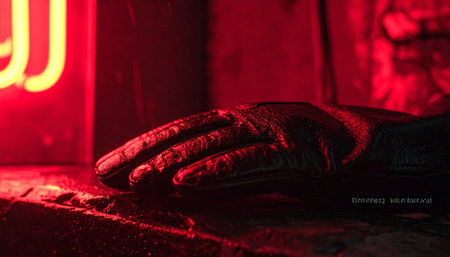 In the grim, red glow of a flickering neon sign, a blood-stained hand rests on a grimy surface.の素材