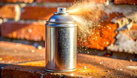 A metallic spray paint can releases a fine mist of golden paint, caught in the warm glow of the setting sun.の素材