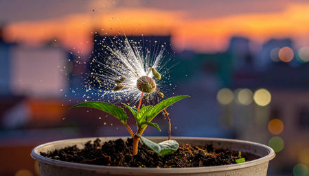 In a pot overlooking a vibrant city at sunset, a small plant bursts with technological light.の素材
